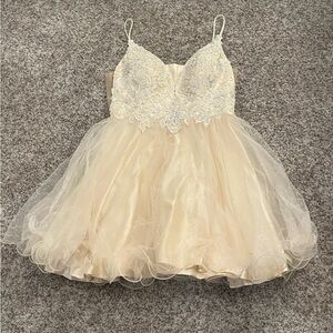 A champagne dress with glitter embroidered. Size XL and can fit size L.